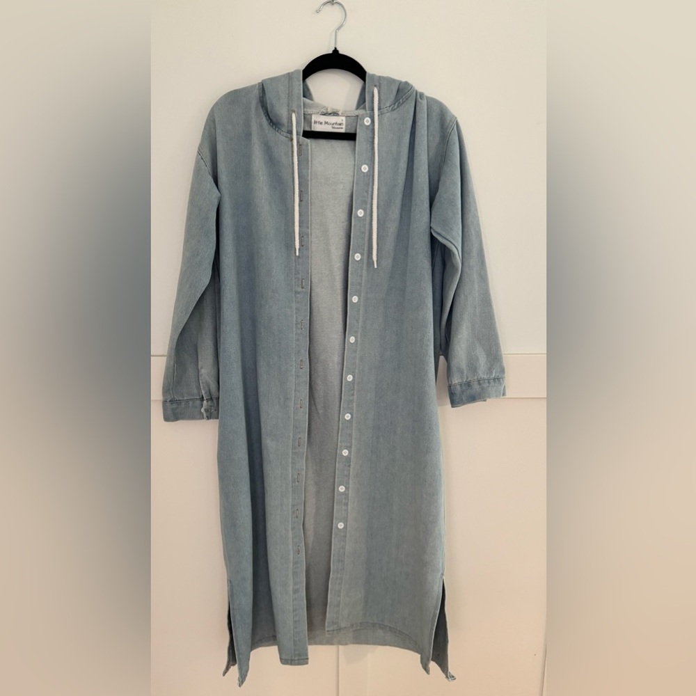 Long hooded Jean Jacket  Sz small fits loose